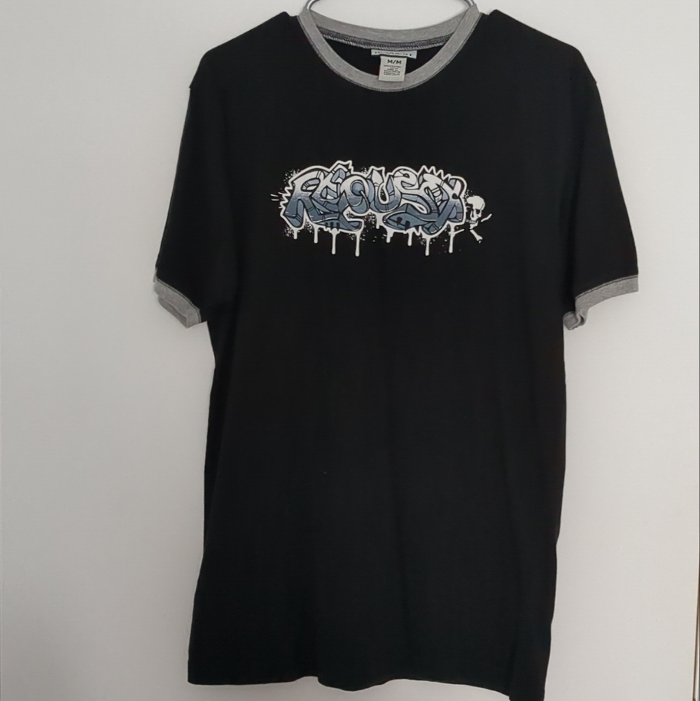 Request: Men's Black T-Shirt with Gray Trim And Graphic. Size M
